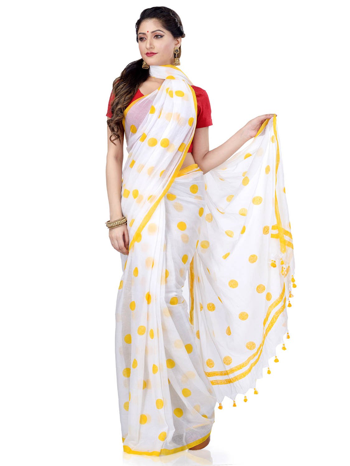 Women`s Traditional Hand Woven Malmal Bengal Handloom Pure Cotton Saree Without Blouse Piece (Yellow White)